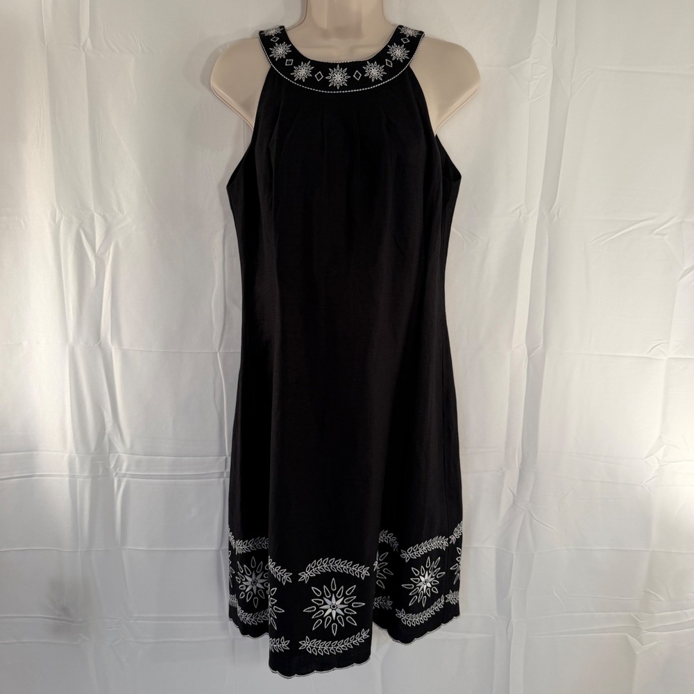 Willow Glenn New York Black Linen Blend Embroidered Halter Shift Dress Size 6